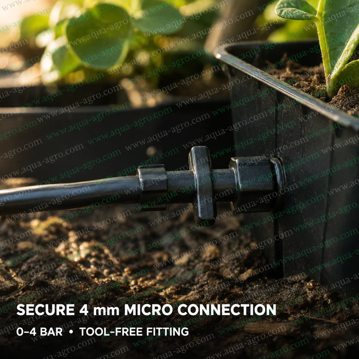 AUTOMAT 4mm micro barbed coupler installed in irrigation tube for secure fogger connection in nursery greenhouse and garden irrigation