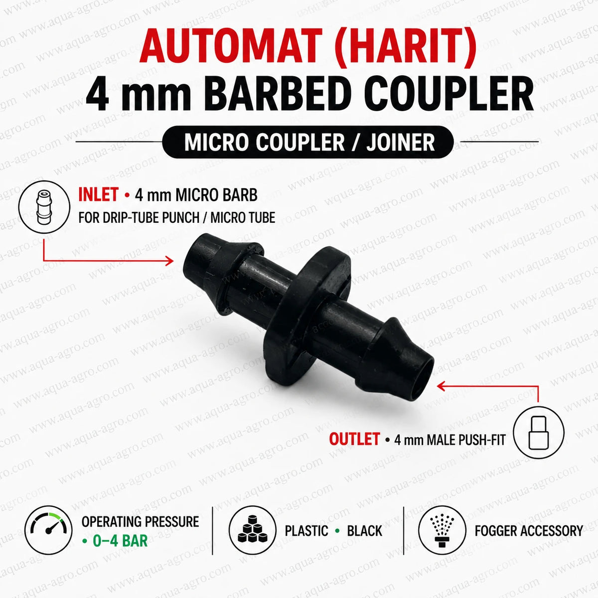AUTOMAT Harit 4mm barbed coupler for plastic fogger micro irrigation system with micro barb inlet and male push fit outlet