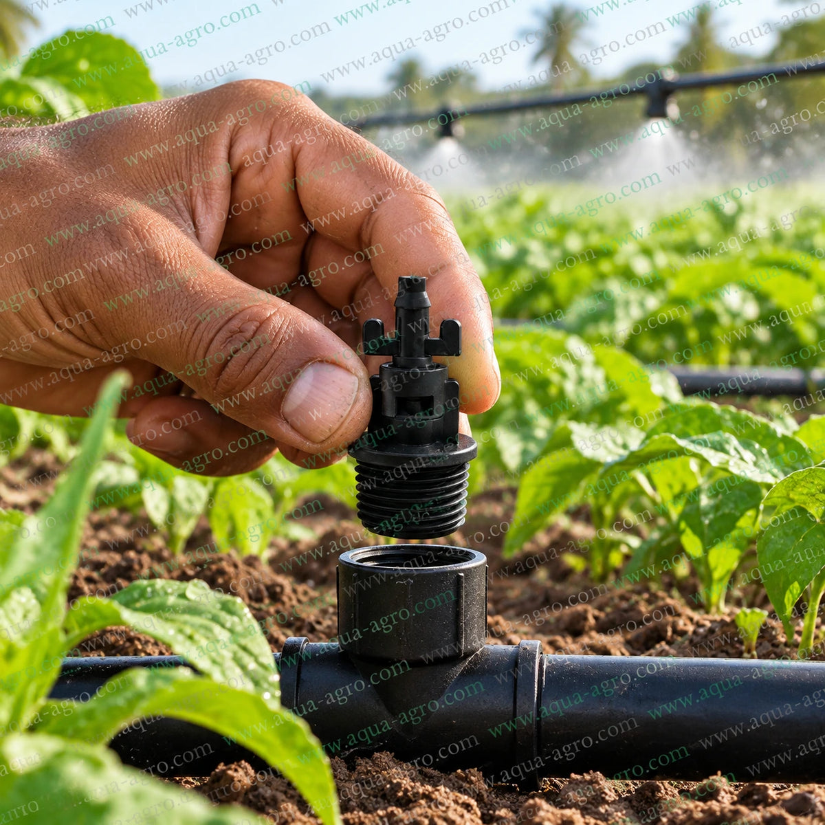 AUTOMAT bayonet adaptor with 4mm barbed pin being installed on 0.5 inch female threaded irrigation line for fogger and misting setup