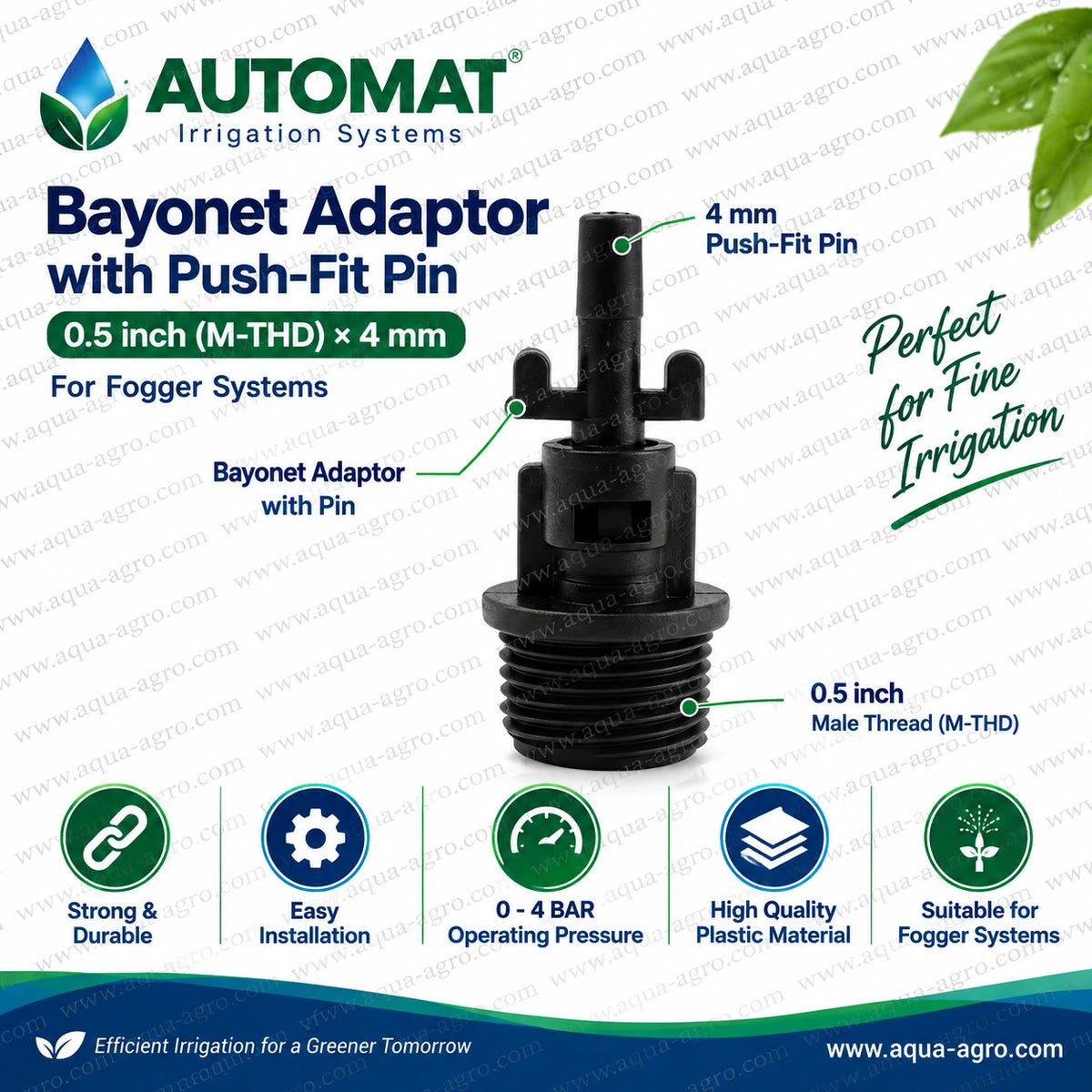 AUTOMAT plastic fogger bayonet adaptor with push fit pin 0.5 inch male thread 4mm outlet and 0 to 4 bar operating pressure