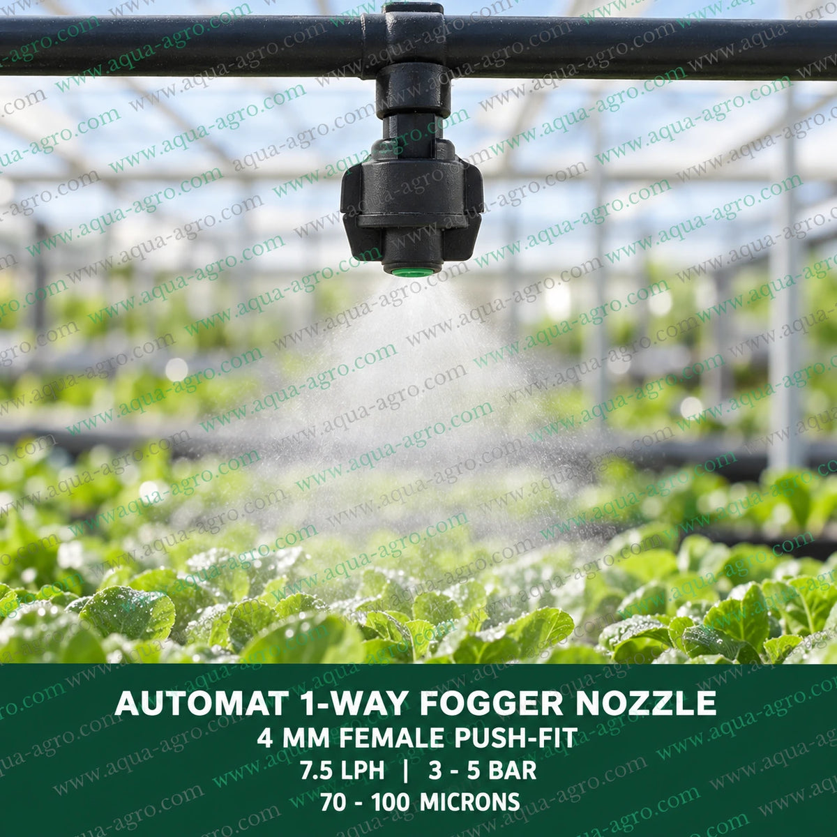 AUTOMAT 1 Way Fogger Nozzle Installed on Irrigation Pipeline Spraying Fine Water Mist for Greenhouse Cooling and Humidification