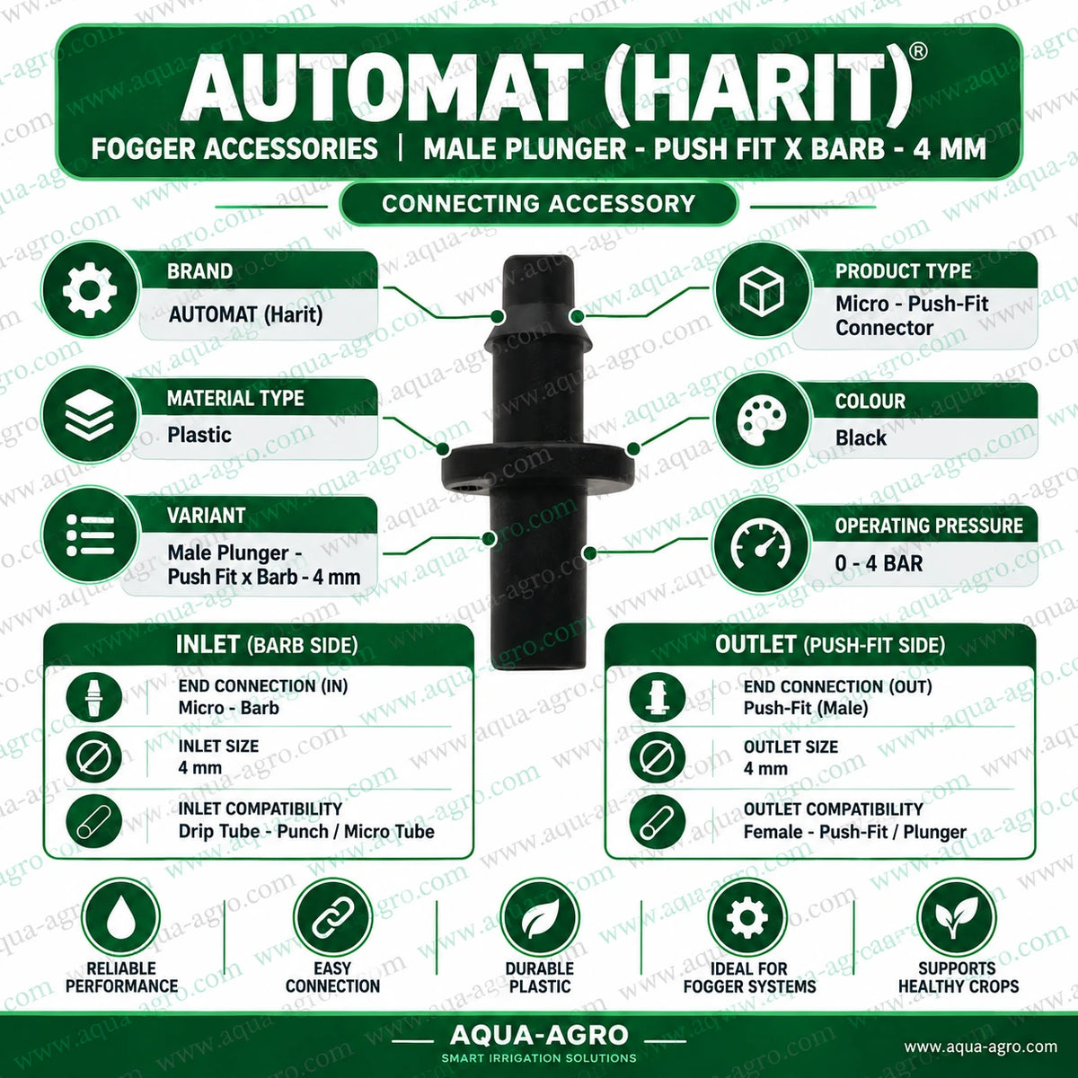 AUTOMAT Harit 4mm black male plunger push fit x barb connector for fogger irrigation systems with micro barb inlet and push fit male outlet suitable for 0 to 4 bar operating pressure