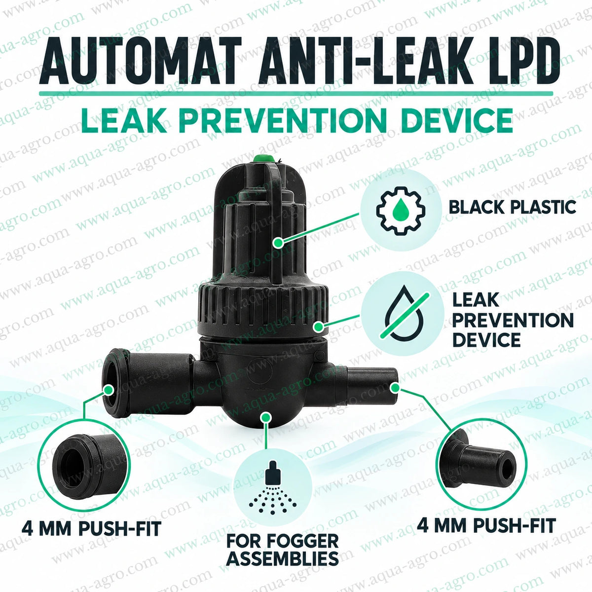 AUTOMAT plastic fogger anti leak prevention device LPD with black plastic body 4mm male and female push fit connectors for agricultural greenhouse fogging misting and micro irrigation applications
