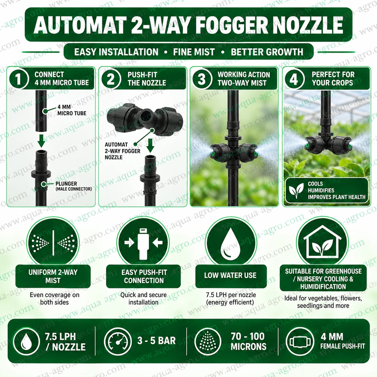 AUTOMAT 2 Way Fogger Nozzle Push Fit Installation Guide with 4mm Micro Tube Connection for Greenhouse Misting System