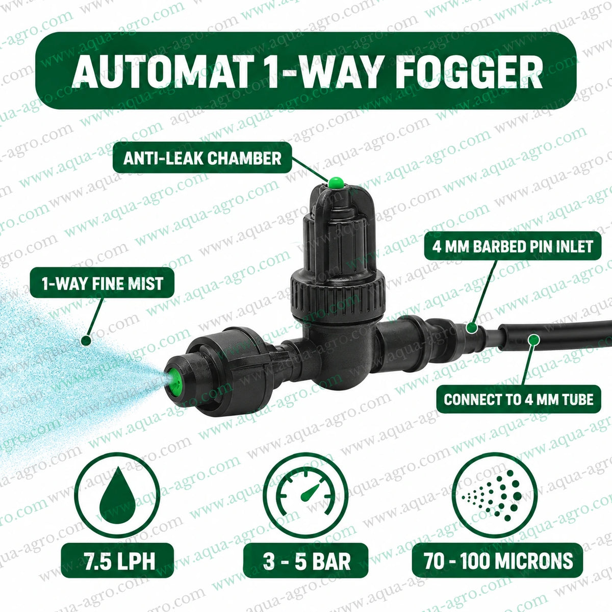AUTOMAT HARIT 1 way plastic fogger nozzle with anti leak chamber and 4 mm barbed pin inlet delivering 7.5 LPH fine mist at 3 to 5 bar operating pressure with 70 to 100 micron droplet size for greenhouse and nursery misting systems
