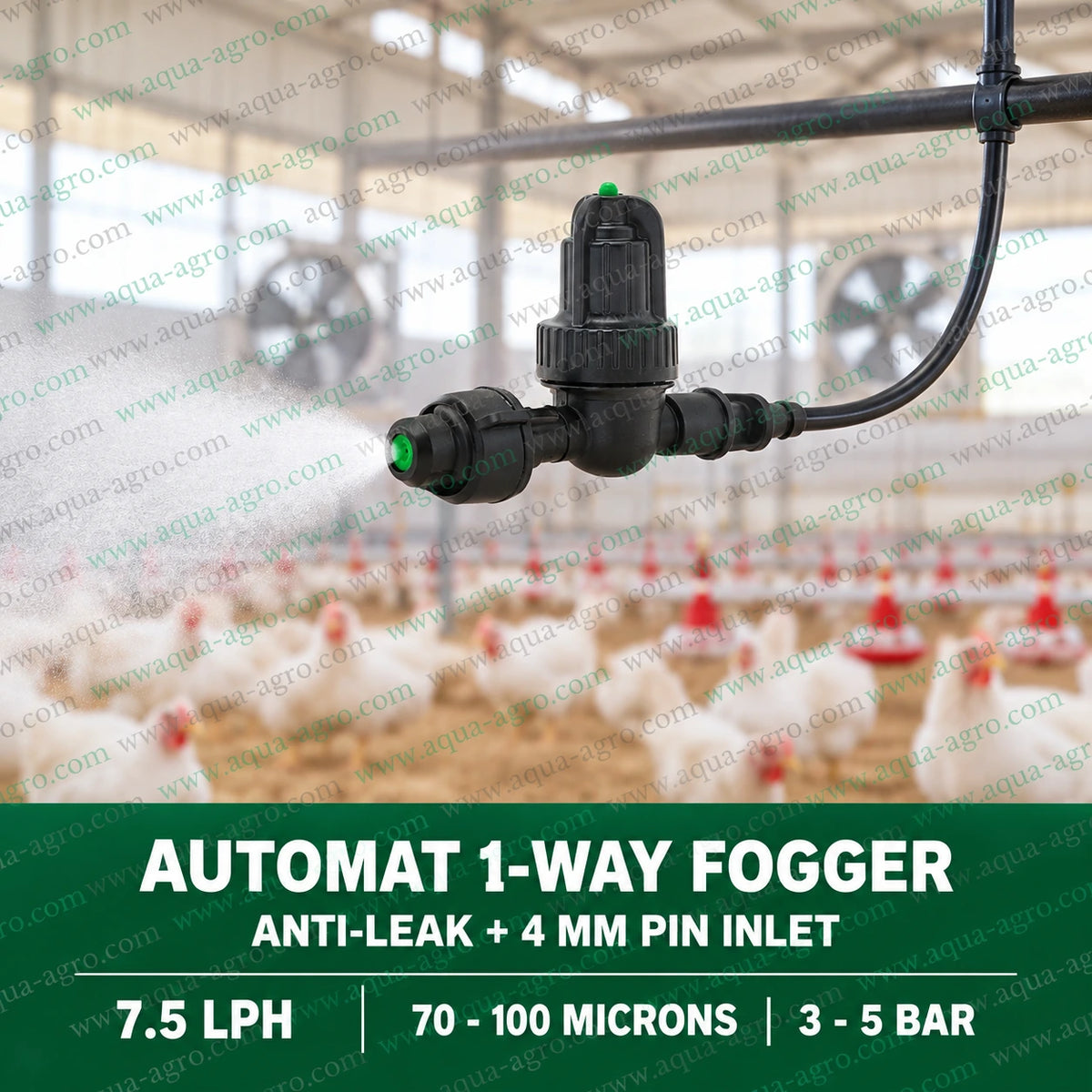 AUTOMAT 1 way anti leak fogger nozzle connected to 4 mm micro tube spraying fine mist inside poultry farm for cooling and humidity control with 7.5 LPH water discharge