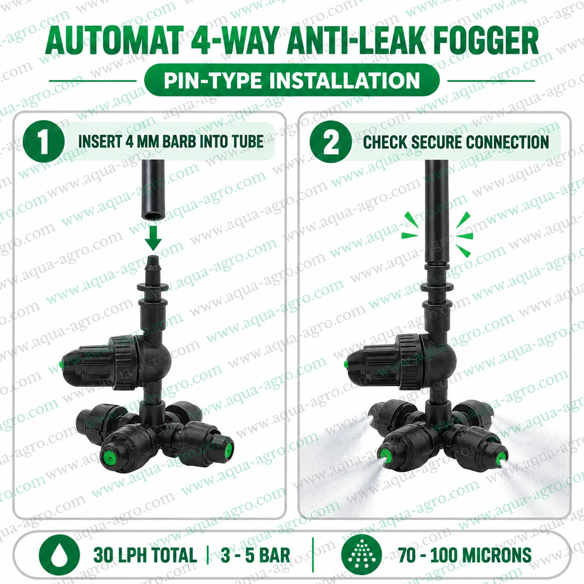 AUTOMAT HARIT 4 way anti leak fogger nozzle installation guide showing 4 mm barbed pin connection to micro tube for greenhouse mist irrigation humidity control and agricultural cooling systems