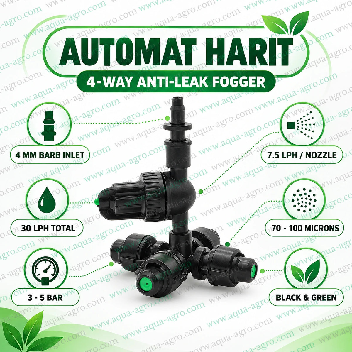 AUTOMAT HARIT 4 way anti leak plastic fogger nozzle with 4 mm barbed pin inlet 7.5 LPH per nozzle 30 LPH total discharge 3 to 5 bar operating pressure and 70 to 100 micron fine mist for greenhouse cooling and nursery irrigation