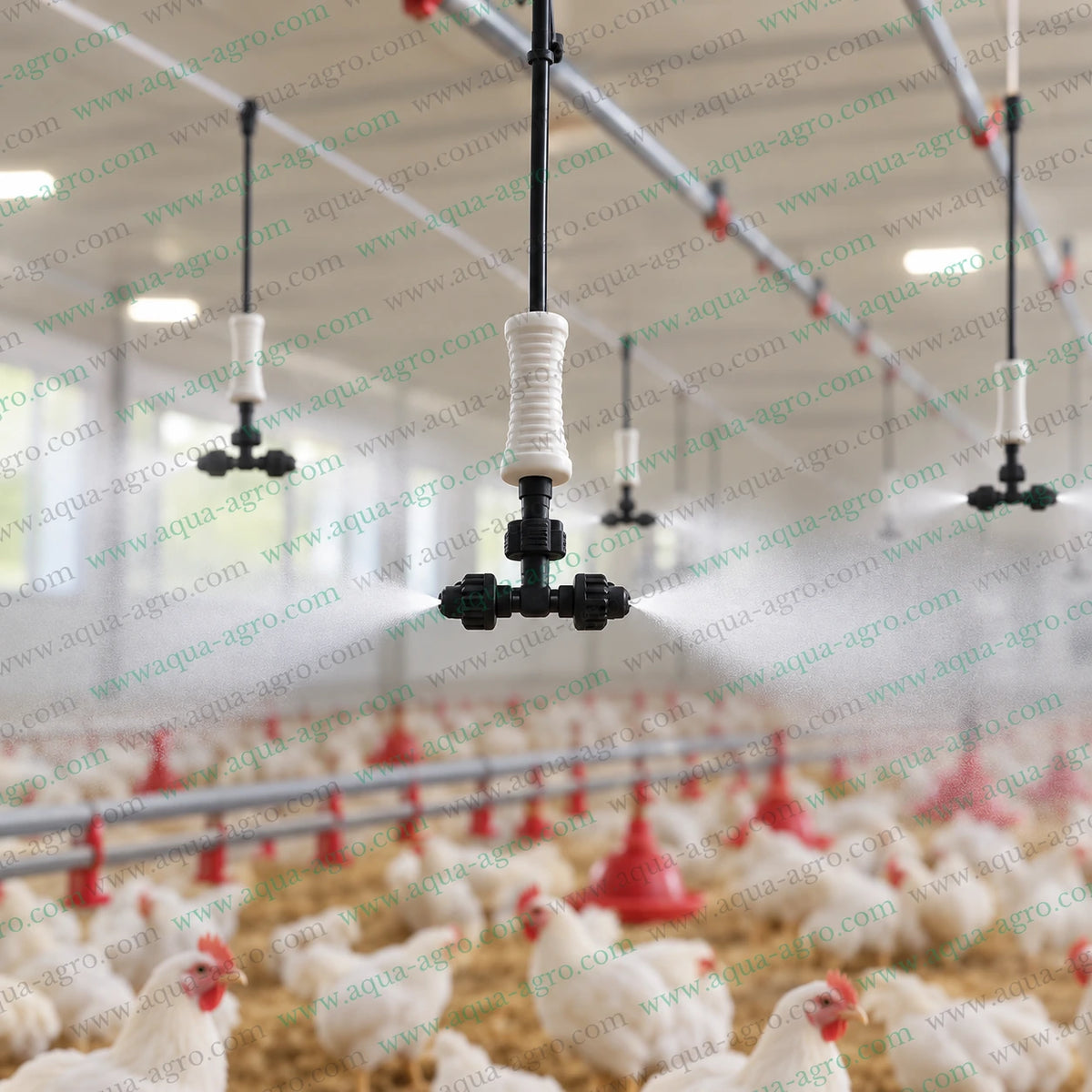 AUTOMAT HARIT 2 way suspended fogger nozzle installed in poultry farm with anti leak valve 30 cm weighted hanging assembly and dual direction fine mist spray for poultry shed cooling humidity management and environmental temperature control