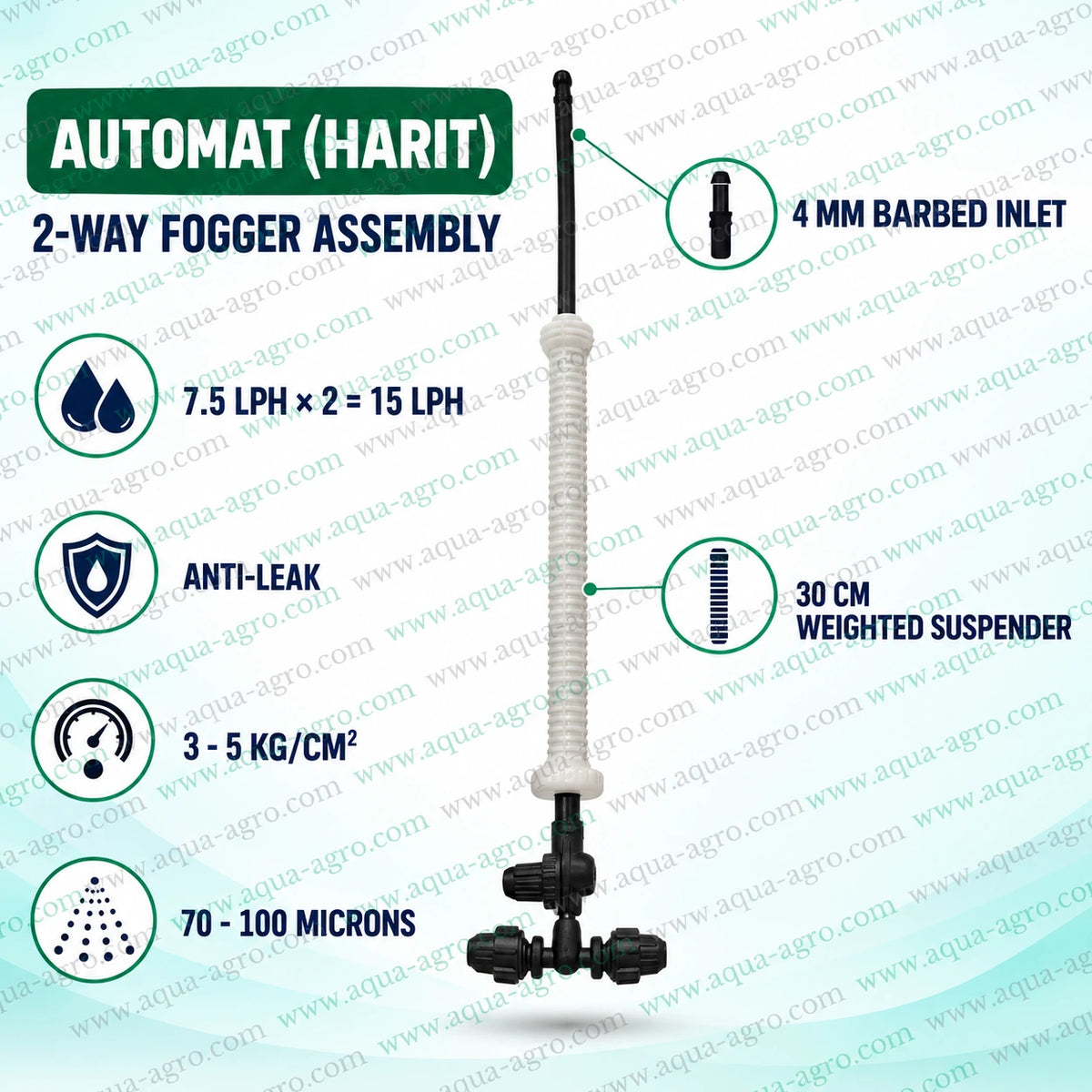 AUTOMAT HARIT 2 way suspended plastic fogger nozzle assembly with anti leak valve 30 cm weighted suspender 4 mm barbed inlet 7.5 LPH discharge per nozzle 15 LPH total flow 3 to 5 kg per square centimetre operating pressure and 70 to 100 micron fine mist droplets