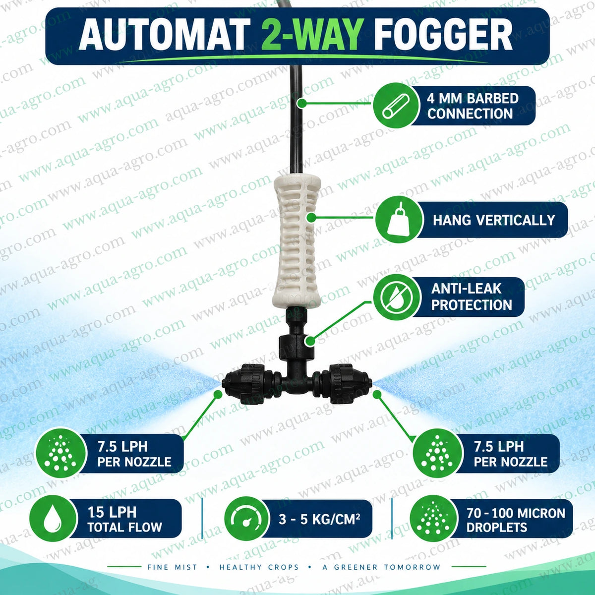 AUTOMAT HARIT 2 way hanging fogger nozzle with 30 cm weighted suspender anti leak protection and dual outlet fine mist spray for greenhouse cooling nursery irrigation humidity control and agricultural misting systems