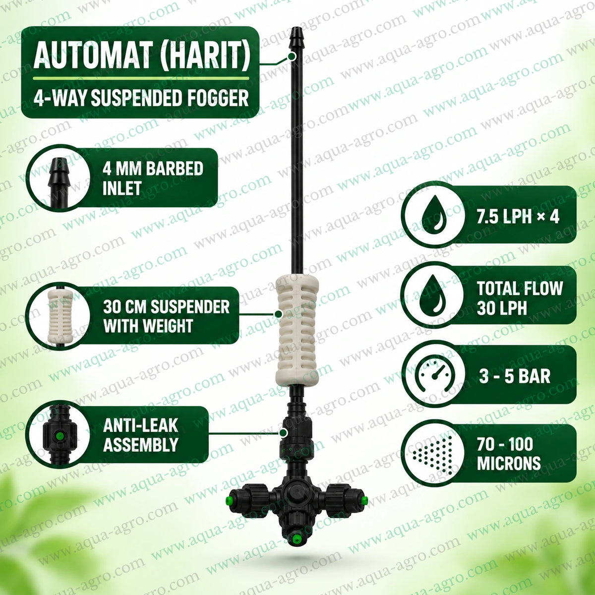 AUTOMAT HARIT 4 way hanging fogger assembly with 7.5 LPH discharge per nozzle 30 LPH total water flow 3 to 5 bar operating pressure 70 to 100 micron mist droplets and stabilizing weight for overhead fogging systems