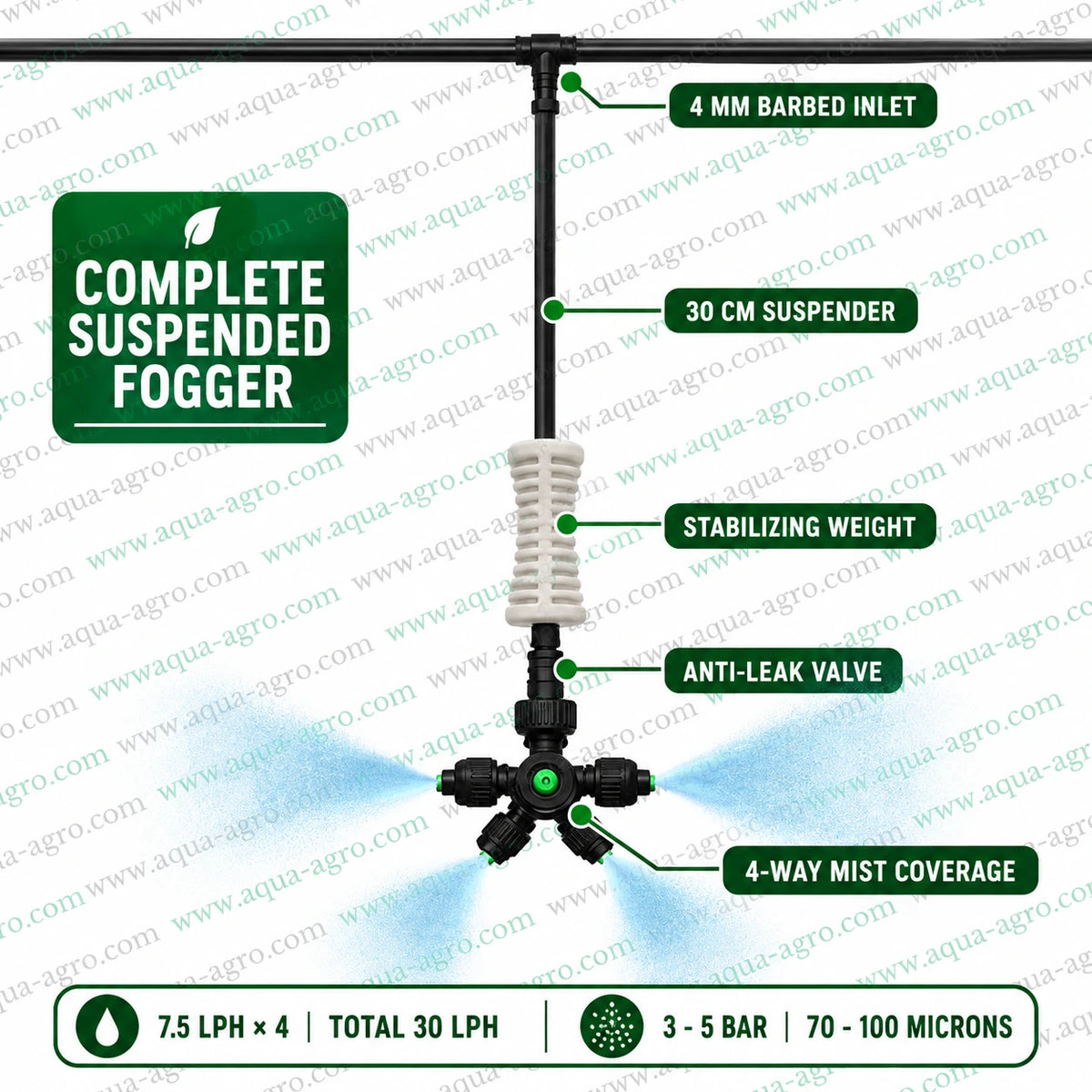AUTOMAT HARIT 4 way suspended plastic fogger nozzle with anti leak valve 30 cm weighted suspender 4 mm barbed inlet and four direction fine mist spray for greenhouse cooling and nursery irrigation