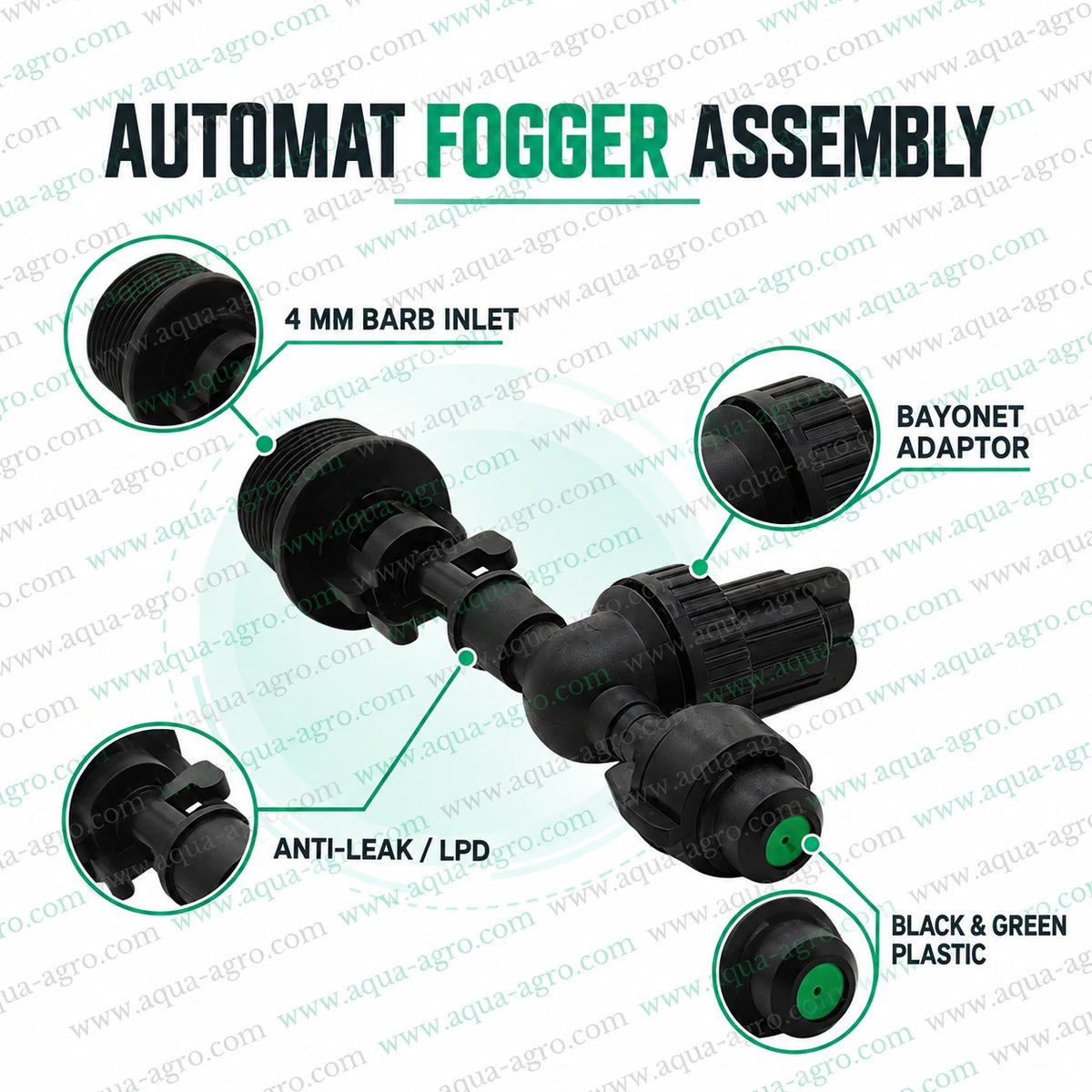 AUTOMAT 4 way plastic fogger nozzle assembly with anti leak LPD bayonet adaptor 4mm barb inlet black and green body for greenhouse misting and humidification systems