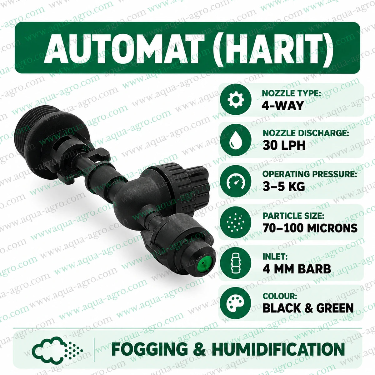 AUTOMAT 4 way fogger nozzle with anti leak device and bayonet adaptor 30 LPH discharge 3 to 5 kg operating pressure 70 to 100 micron droplet size for agricultural greenhouse fogging and cooling applications