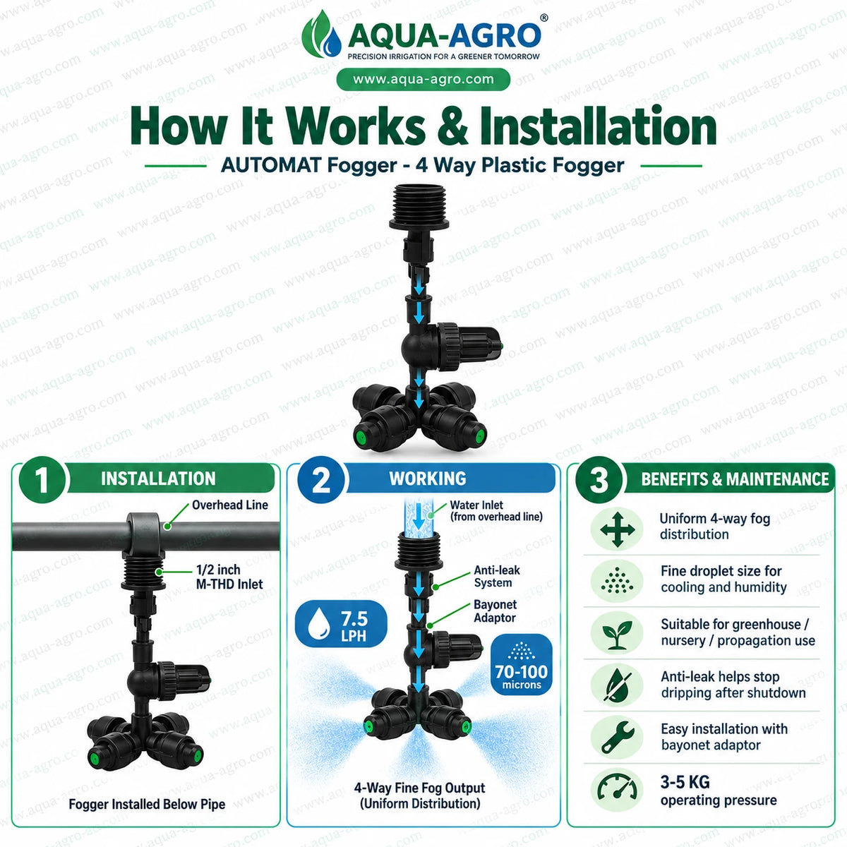AUTOMAT HARIT 4 way anti leak fogger nozzle installation with half inch male threaded inlet bayonet quick connection and overhead irrigation pipeline for uniform fine mist distribution greenhouse humidity management nursery cooling and plant propagation