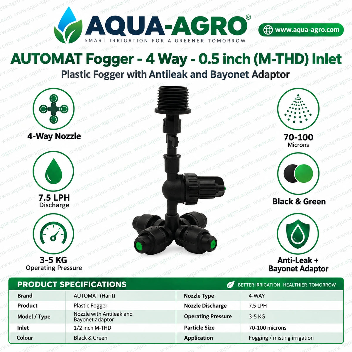 AUTOMAT HARIT 4 way plastic fogger nozzle with anti leak mechanism bayonet adaptor 0.5 inch male threaded inlet 7.5 LPH nozzle discharge 3 to 5 kg operating pressure and 70 to 100 micron mist particle size for agricultural fogging systems