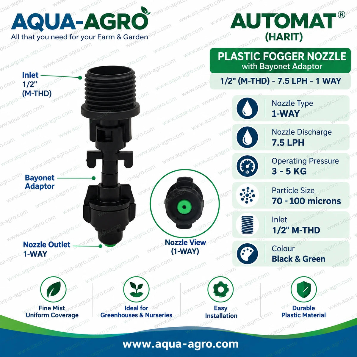 AUTOMAT 1 way fogger nozzle with bayonet adaptor featuring 0.5 inch male threaded connection black plastic body green nozzle outlet 7.5 LPH water discharge and fine mist spray for greenhouse irrigation and humidity control