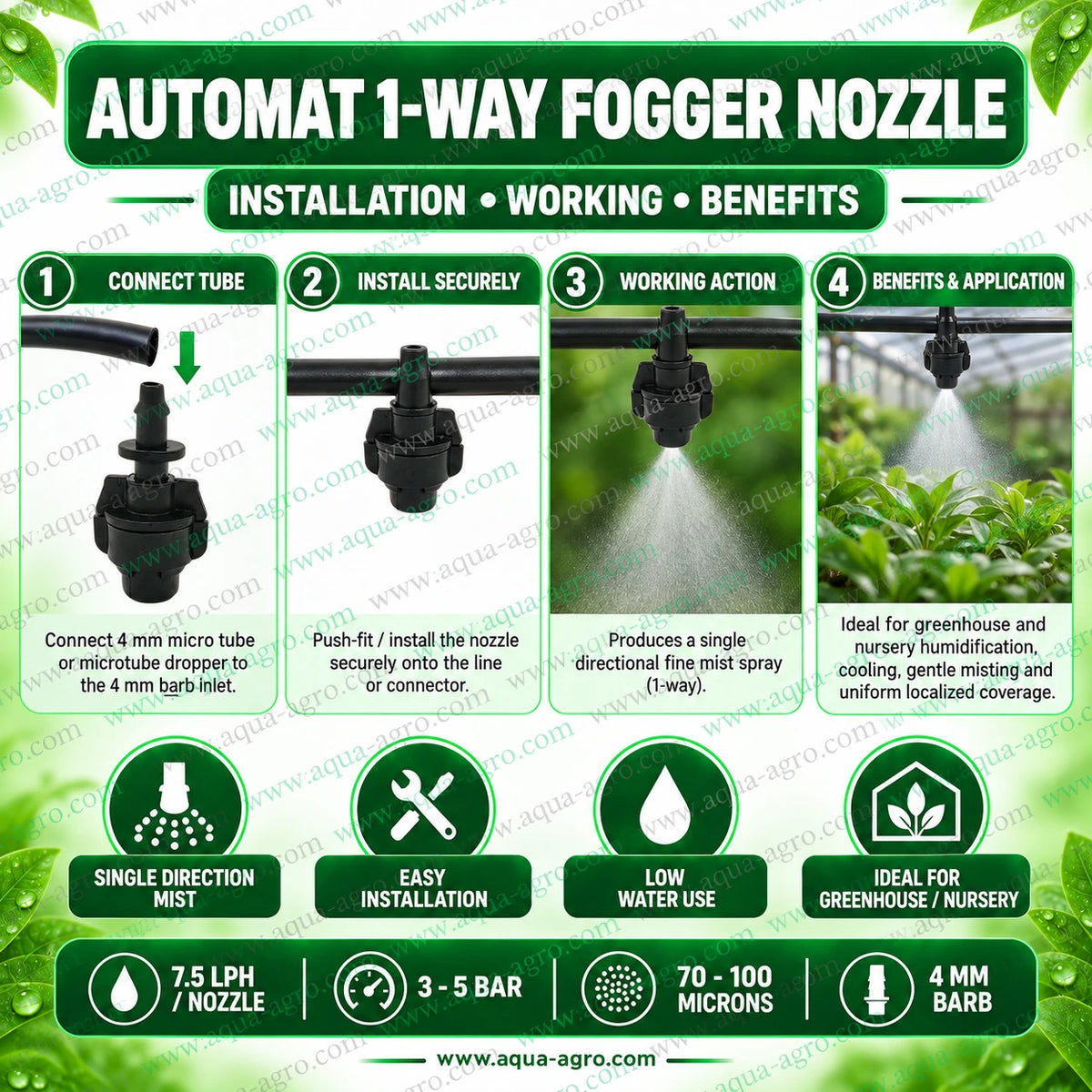 AUTOMAT 1 way plastic fogger nozzle with 4mm barbed pin inlet showing micro tube connection installation fine mist spraying and greenhouse nursery humidification with 7.5 LPH discharge