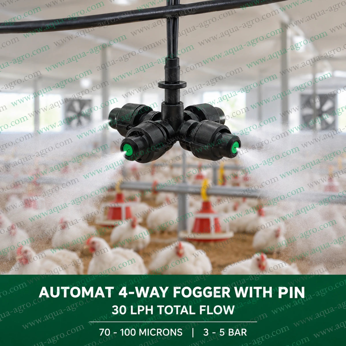 AUTOMAT 4 way fogger nozzle with pin installed in a poultry farm delivering fine mist in four directions for poultry shed cooling humidity control and temperature management with 30 LPH total discharge