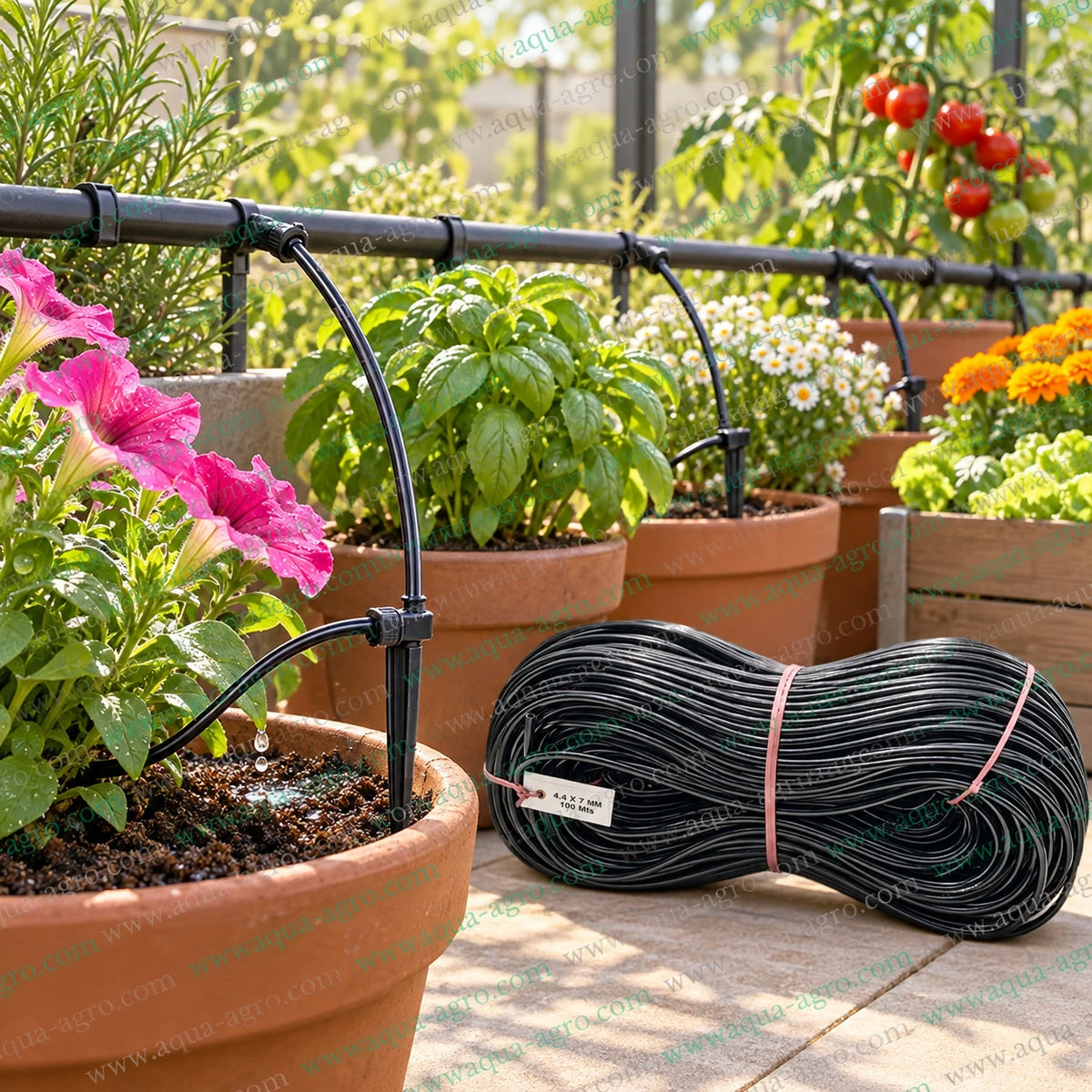 AUTOMAT flexible black PVC spaghetti tube 4.4mm ID 7mm OD installed with micro barbed fittings and drip emitters for terrace garden irrigation and potted plant watering