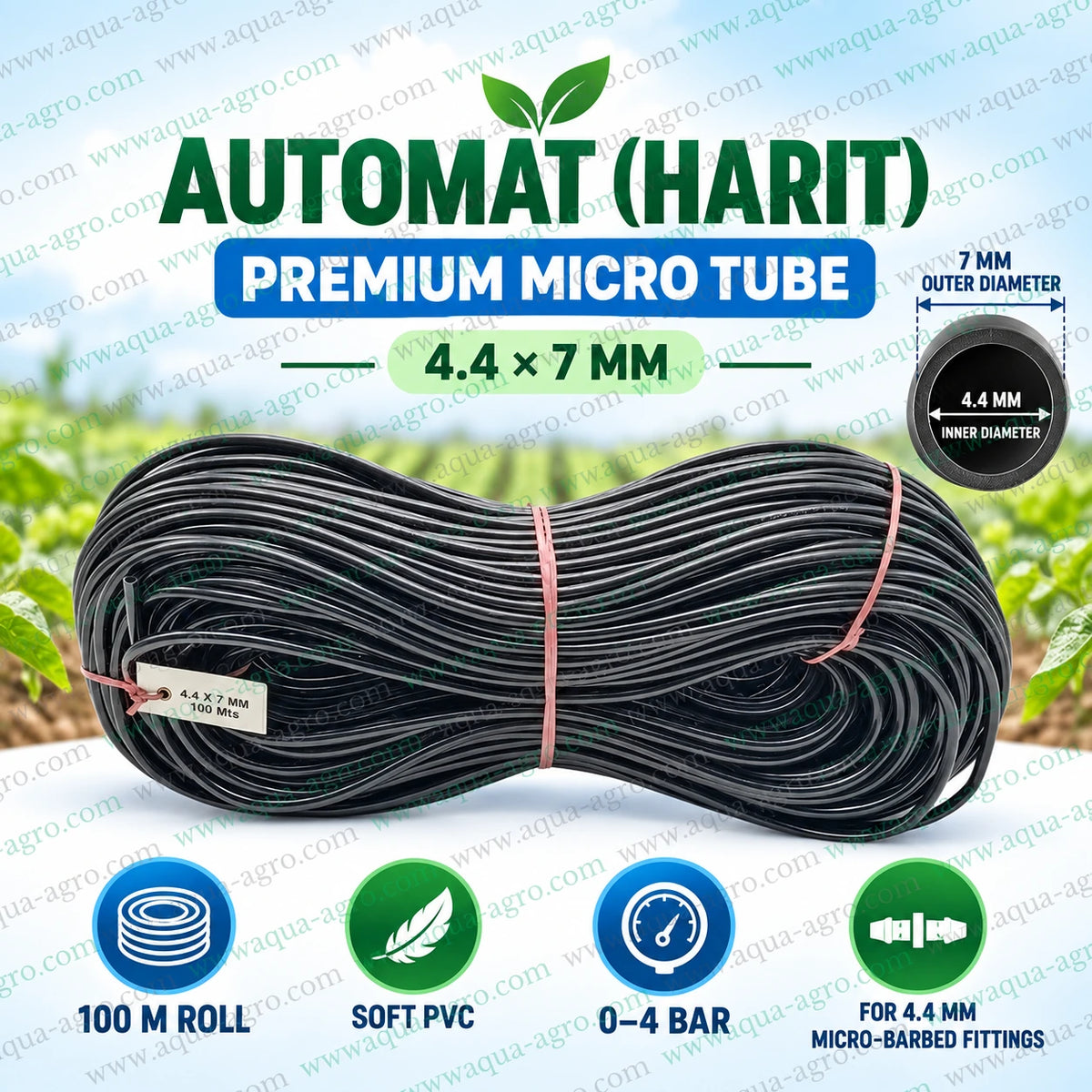 AUTOMAT premium 4.4x7mm micro irrigation tube 100m roll made from soft flexible PVC with 0 to 4 bar operating pressure compatible with 4.4mm micro barbed fittings