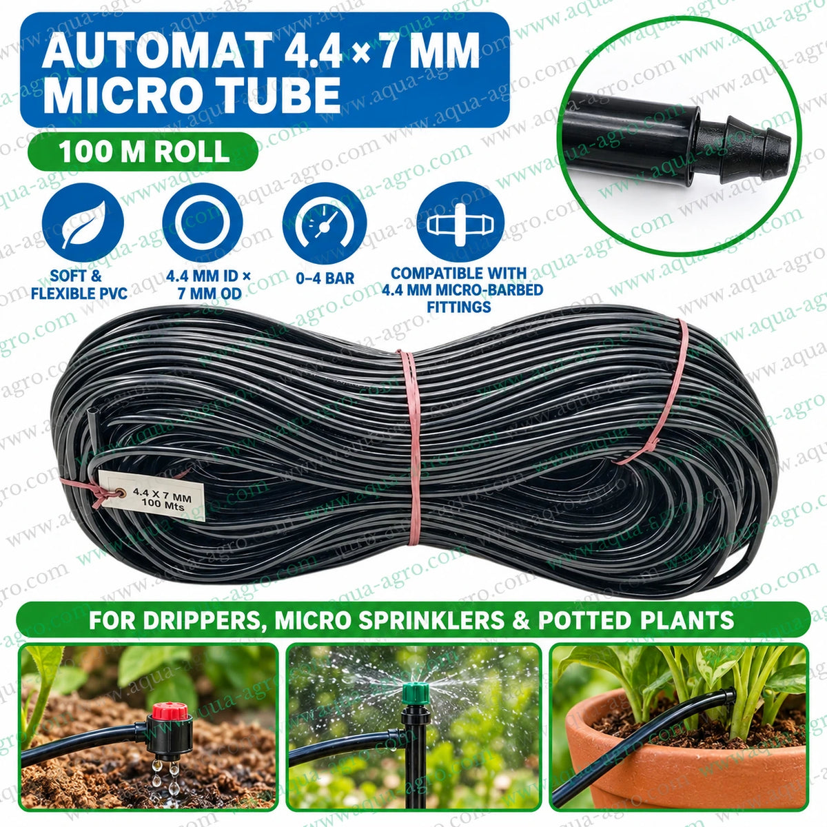 AUTOMAT premium 4.4x7mm soft PVC micro tube 100 metre roll with 4.4mm inner diameter and 7mm outer diameter for drip irrigation micro sprinklers and potted plants