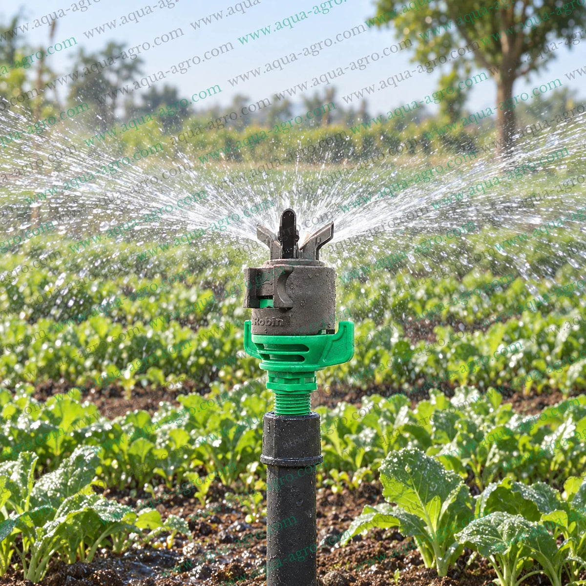 AUTOMAT Robin HT-230 green mini sprinkler operating in vegetable farm with full circle 360 degree water distribution 20 to 25 feet spray radius 335 to 565 LPH flow 0.5 inch 20mm male threaded sprinkler for crop farm nursery and agricultural irrigation