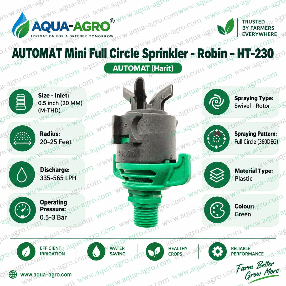 AUTOMAT Robin HT-230 green mini full circle sprinkler 360 degree 20 to 25 feet radius 335 to 565 LPH discharge 0.5 to 3 bar operating pressure 0.5 inch 20mm male threaded inlet swivel rotor plastic sprinkler for agriculture farm garden and landscape irrigation