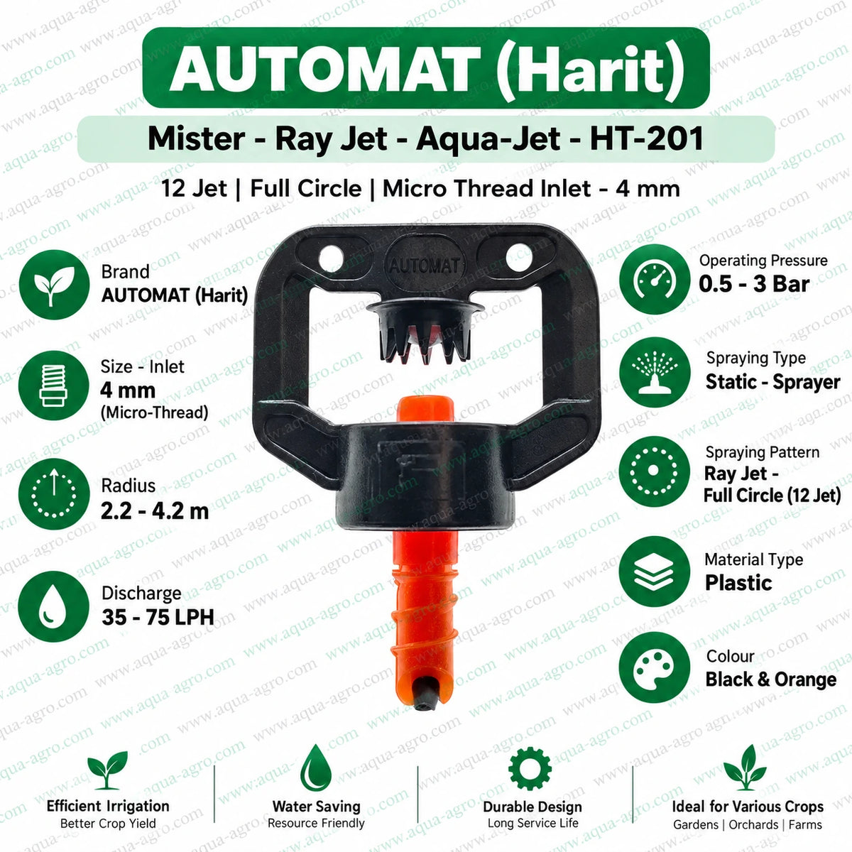 AUTOMAT Harit HT-201 Aqua Jet Ray Jet Mister Sprinkler Black and Orange 12 Jet Full Circle Spray with 4mm Micro Thread Inlet 35 to 75 LPH Discharge and 2.2 to 4.2 Meter Radius for Nursery Garden and Farm Irrigation