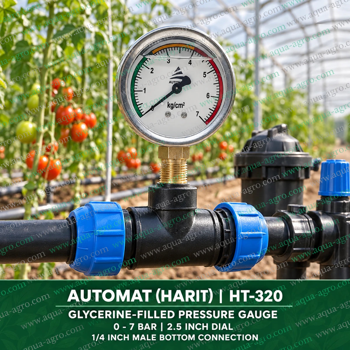 AUTOMAT HT-320 Glycerine Filled Water Pressure Gauge Installed on Agricultural Irrigation Pipeline for Monitoring Water Pressure in Greenhouse Drip Irrigation Systems