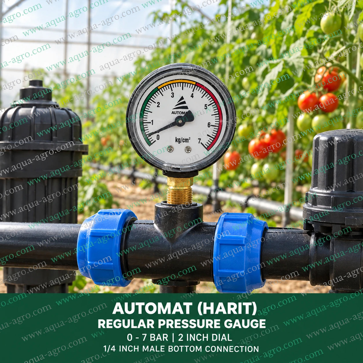 AUTOMAT 2 Inch Water Pressure Gauge Installed on Greenhouse Irrigation Pipeline with Filter and Valve for Agricultural Water Pressure Monitoring