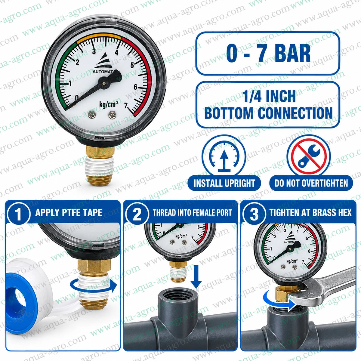 AUTOMAT Regular Water Pressure Gauge 0 to 7 Bar with 2 Inch Dial and 1/4 Inch Male Threaded Bottom Connection Installation Guide for Irrigation Pipelines