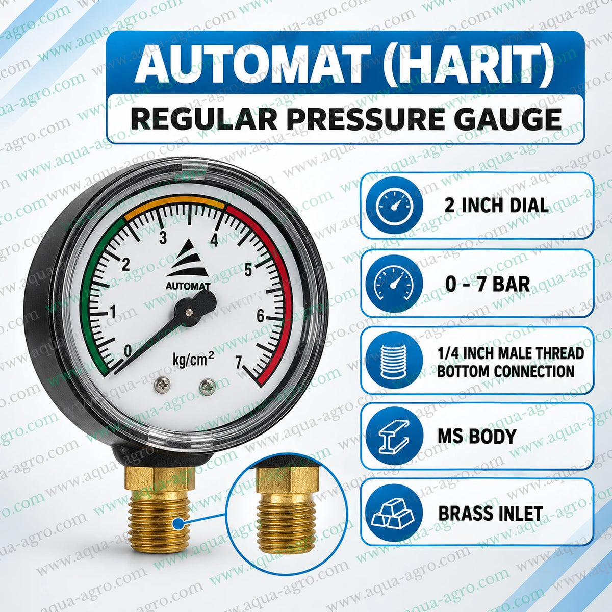 AUTOMAT HARIT Regular Pressure Gauge with 2 Inch Dial 0 to 7 Bar Pressure Range MS Body and Brass Male Threaded Inlet for Agricultural Irrigation Systems