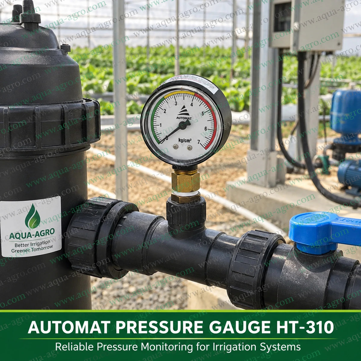 AUTOMAT HT-310 Regular Water Pressure Gauge Installed on Agricultural Irrigation Pipeline with Filter and Ball Valve for Greenhouse Water Pressure Monitoring