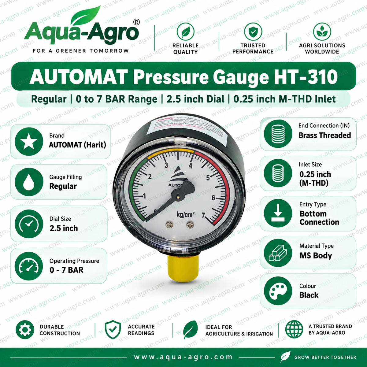 AUTOMAT HARIT HT-310 Regular Pressure Gauge with 0 to 7 Bar Range 2.5 Inch Dial MS Body and 1/4 Inch Brass Male Threaded Bottom Connection