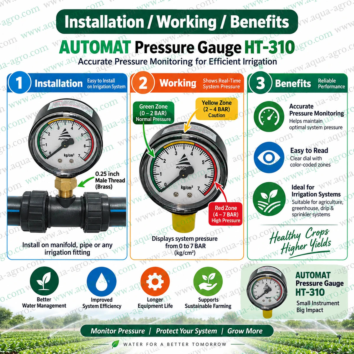 AUTOMAT HT-310 Water Pressure Gauge Installation and Working Guide for Monitoring Water Pressure in Agricultural Drip Irrigation Sprinkler and Greenhouse Systems