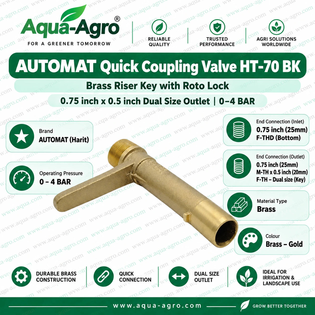 AUTOMAT HT 70 BK Brass Riser Key with Roto Lock 0.75 Inch 25mm Male Thread x 0.5 Inch 20mm Female Thread Dual Size Outlet Quick Coupling Valve QCV Irrigation Accessory