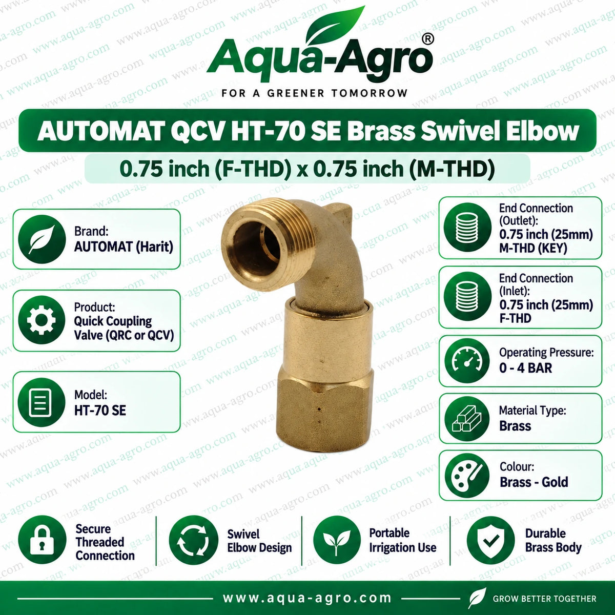 AUTOMAT HT 70 SE brass swivel elbow 0.75 inch 25mm F THD x 0.75 inch 25mm M THD quick coupling valve QCV accessory for portable irrigation and rain gun systems