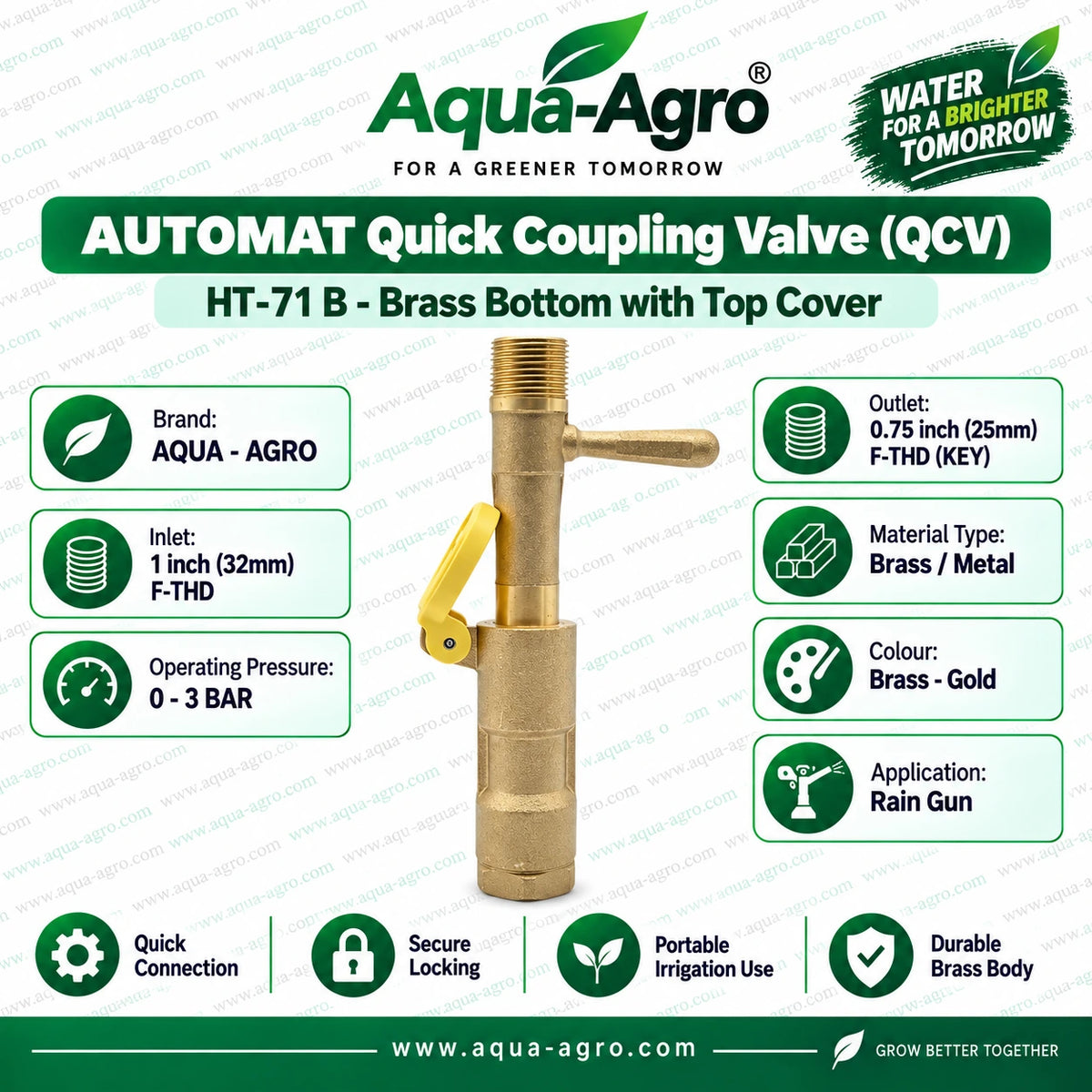 AUTOMAT HT-71 B brass quick coupling valve QCV QRC with protective top cover 1 inch female threaded inlet 0.75 inch riser key connection and 0 to 3 bar operating pressure for agricultural rain gun sprinkler irrigation systems