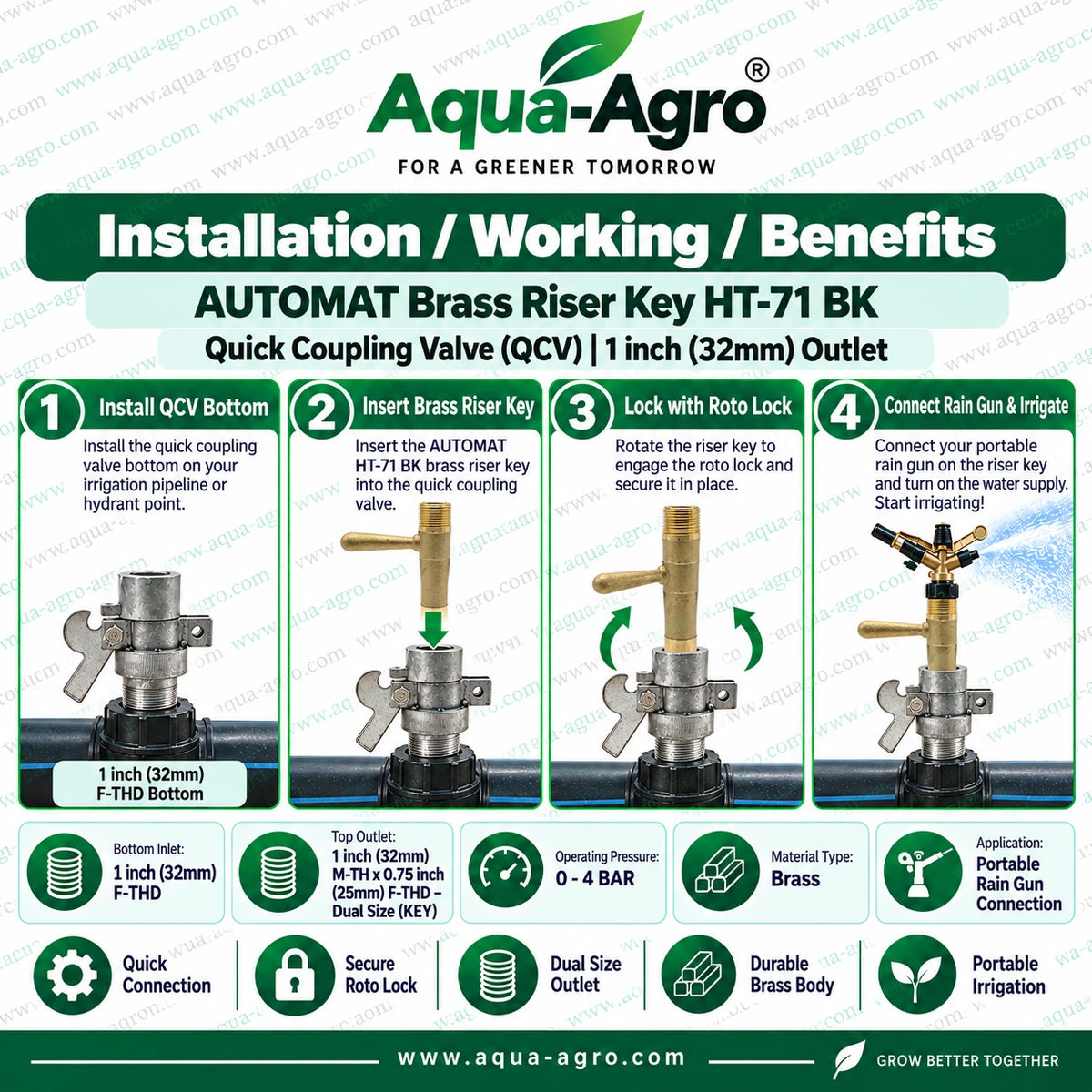 AUTOMAT HT 71 BK QRC QCV brass riser key installation with roto lock for portable rain gun and agricultural irrigation system