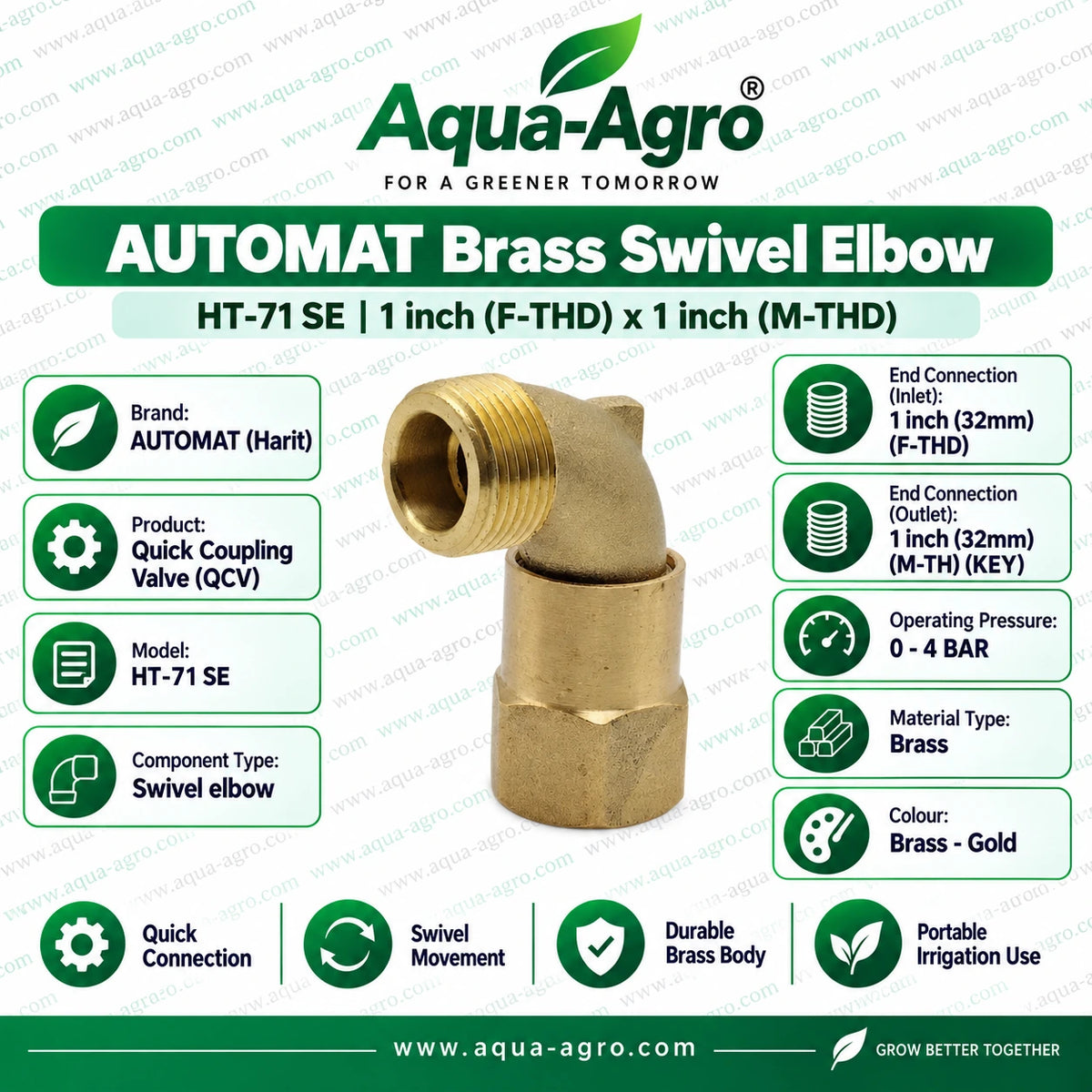 AUTOMAT HT 71 SE brass swivel elbow 1 inch 32mm F THD x 1 inch 32mm M THD quick coupling valve QCV accessory for portable rain gun and agricultural irrigation systems