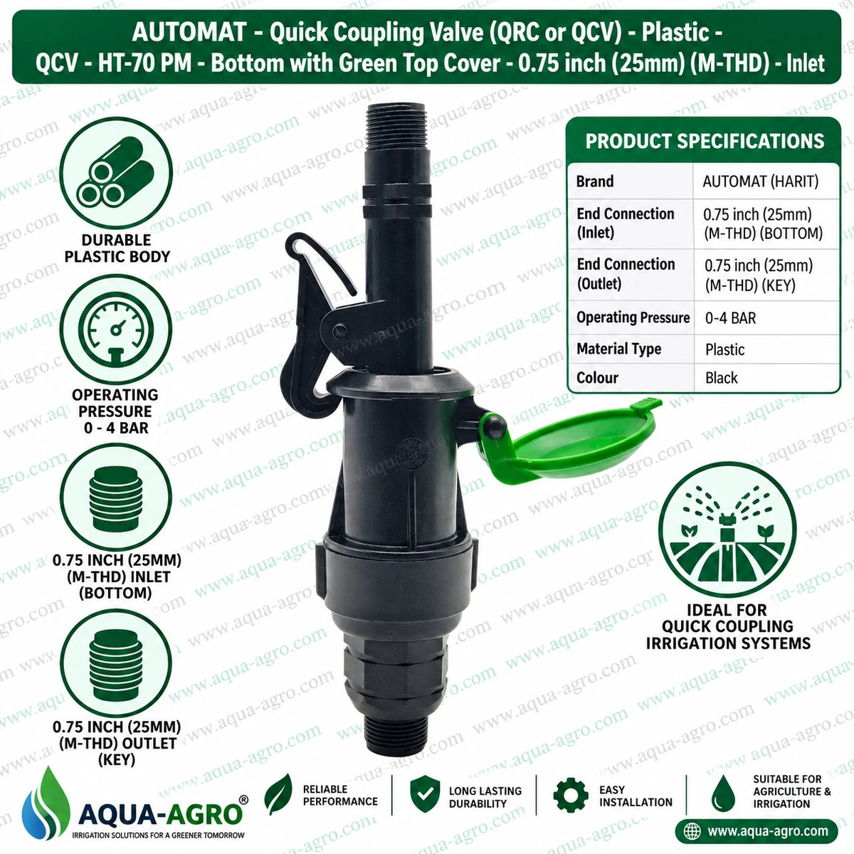 AUTOMAT HT 70 PM plastic quick coupling valve QRC QCV with green top cover 0.75 inch 25mm male threaded inlet and outlet 0 to 4 bar for irrigation systems