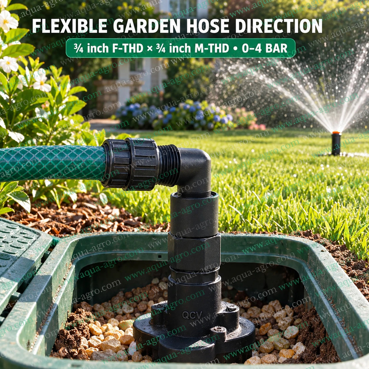 AUTOMAT HT 70 SEP plastic 90 degree swivel elbow connected to garden hose and quick coupling valve for lawn landscape and sprinkler irrigation systems