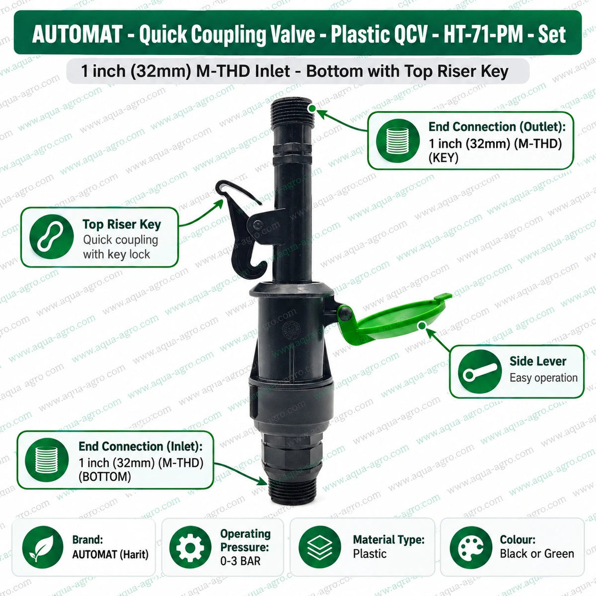 AUTOMAT HT 71 PM plastic quick coupling valve QRC QCV set 1 inch 32mm male threaded bottom inlet with top riser key green cover and locking mechanism