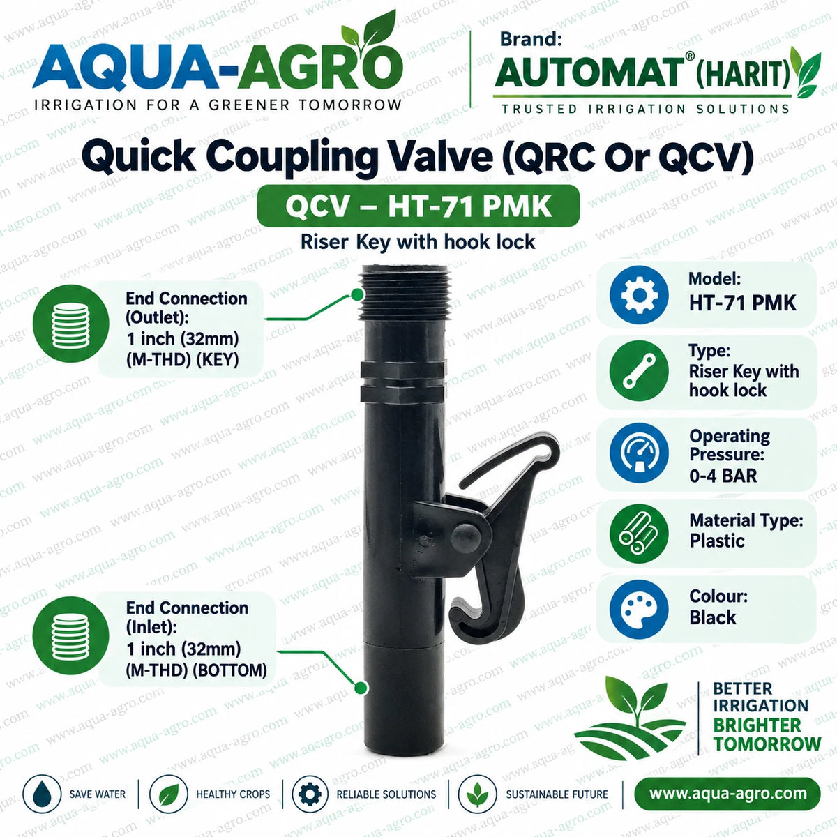 AUTOMAT HT 71 PMK plastic QCV riser key with hook lock 1 inch 32mm male threaded inlet and outlet for quick coupling irrigation system 0 to 4 bar