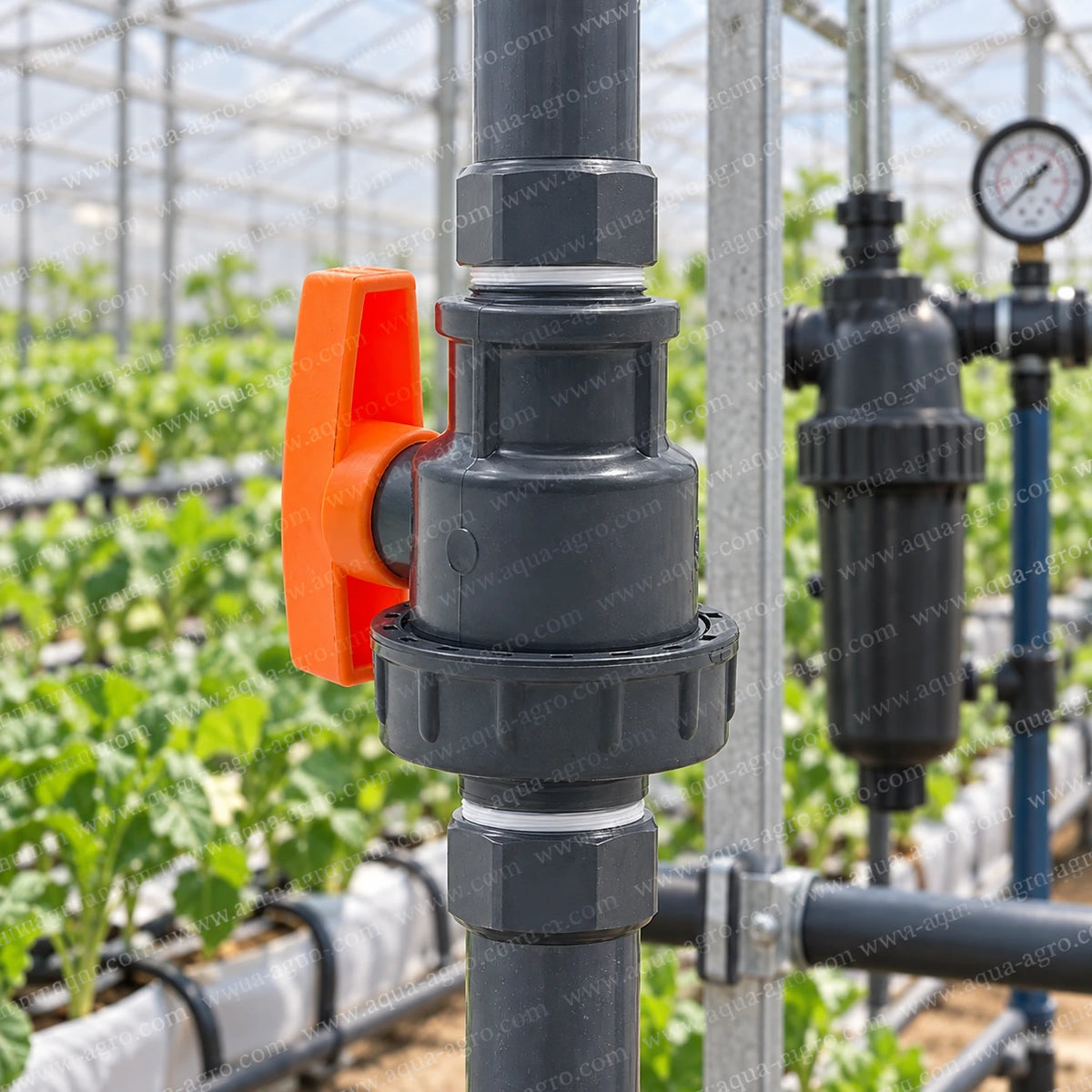 AUTOMAT 1 inch 32mm single union PVC ball valve HT-63-FF-SU installed in greenhouse irrigation system for water flow control