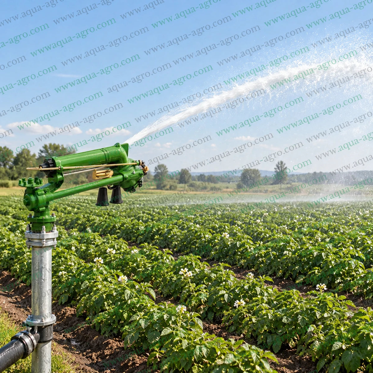 AUTOMAT Skipper HT-43G Gear Driven Rain Gun Sprinkler Installed on Metal Riser Pipe Spraying Water Across Agricultural Crop Field with 80 to 130 Feet Radius for Large Area Irrigation