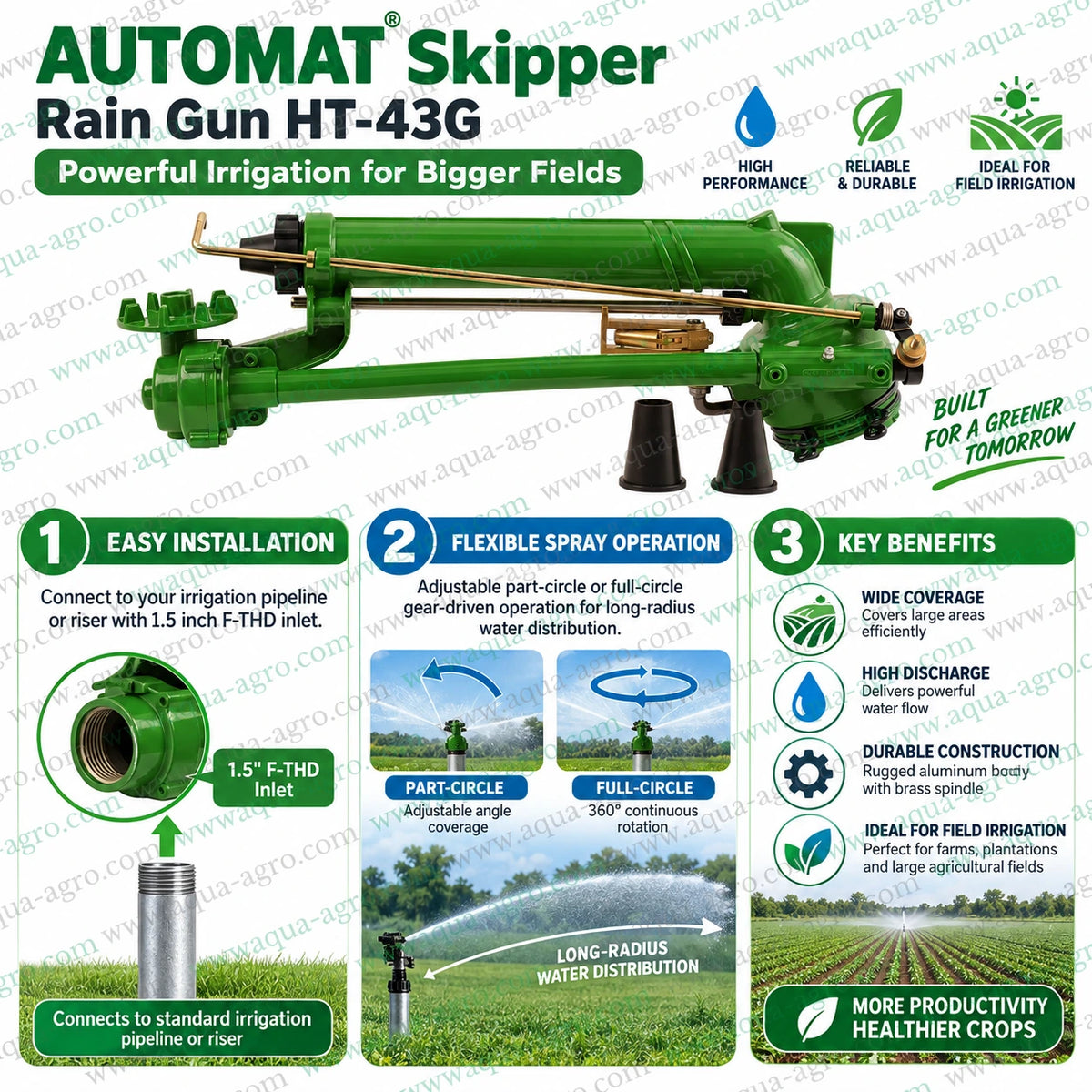 AUTOMAT Skipper HT-43G Heavy Duty Rain Gun Sprinkler with 1.5 Inch Female Threaded Inlet Gear Driven Mechanism Adjustable Part and Full Circle Water Distribution for Agricultural Farms and Large Field Irrigation