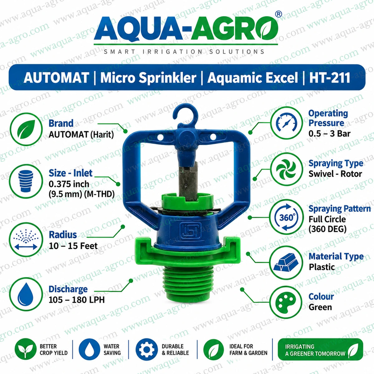 AUTOMAT Aquamic Excel HT-211 green micro sprinkler 10 to 15 feet radius 105 to 180 LPH 0.375 inch 9.5mm male threaded inlet full circle 360 degree swivel rotor irrigation sprinkler
